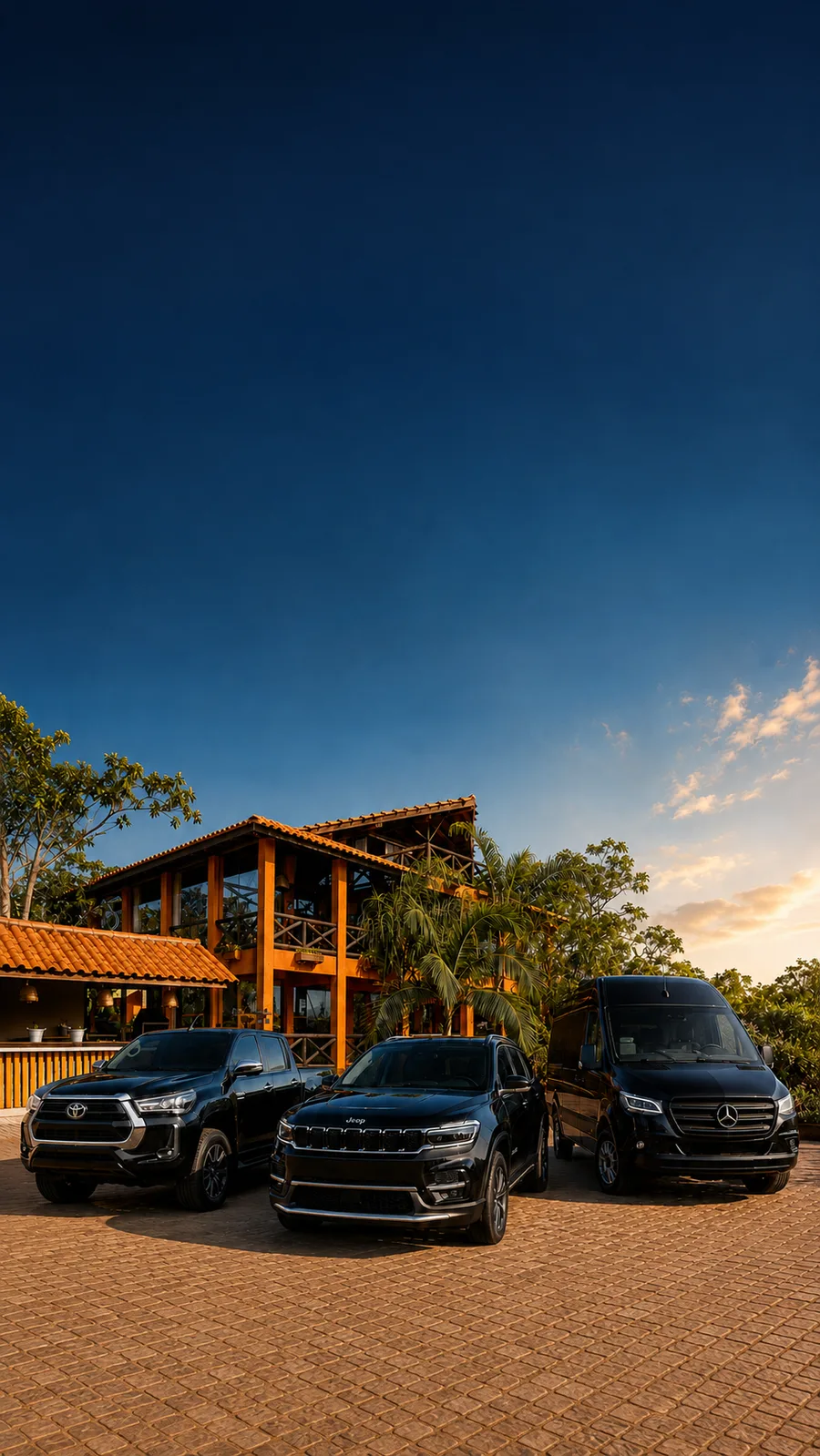 Frota KMON VIP na entrada da Pousada Inácia, na Chapada dos Veadeiros, ao entardecer